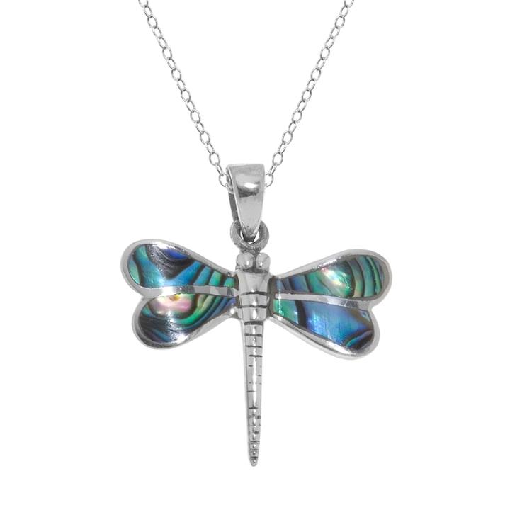 Sterling Silver Abalone Dragonfly Pendant, Women's, Size: 18, Green
