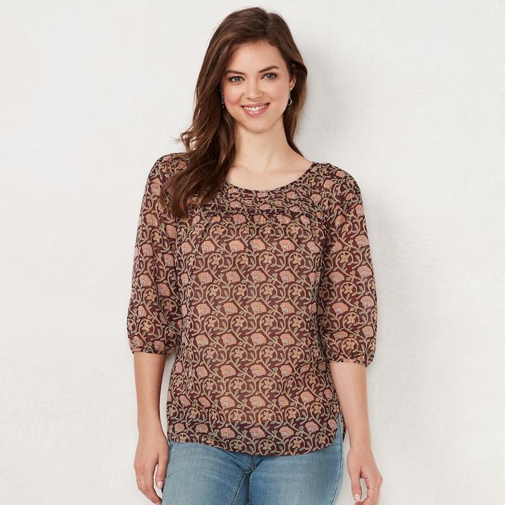 Petite Lc Lauren Conrad Printed Chiffon Peasant Top, Women's, Size: Xs Petite, Dark Red