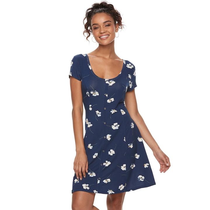 Juniors' So&reg; Button Front Short Sleeve Dress, Teens, Size: Medium, Dark Blue