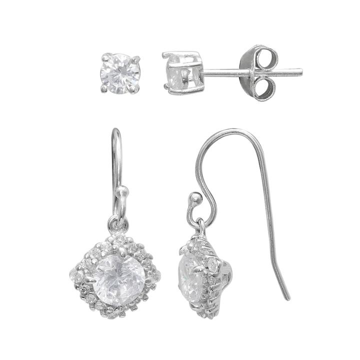 Primrose Sterling Silver Cubic Zirconia Stud & Halo Drop Earring Set, Women's, White