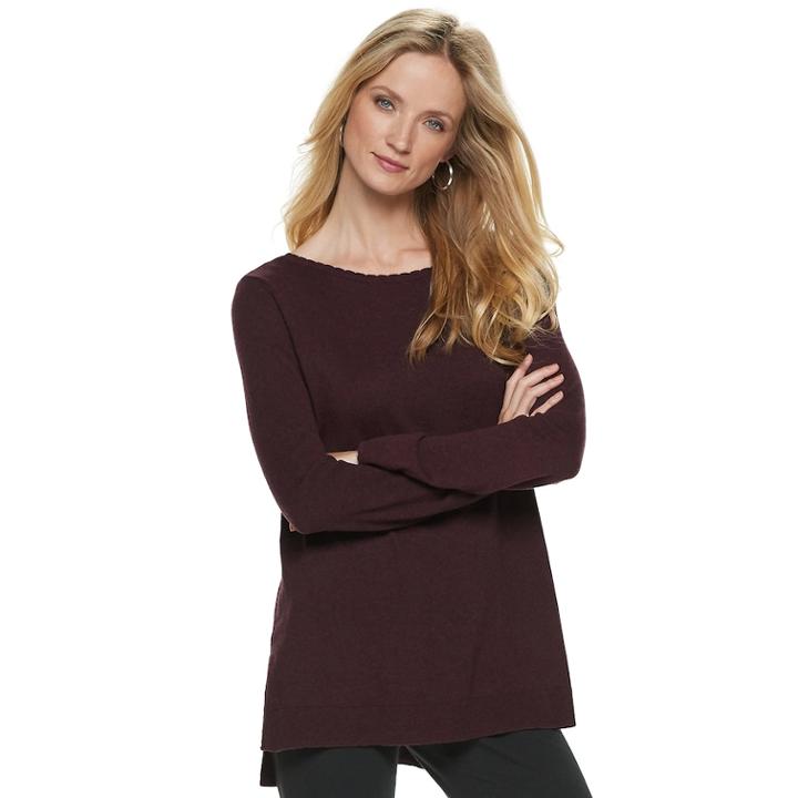 Women's Elle&trade; Lace-trim Bow Tunic Sweater, Size: Medium, Dark Red