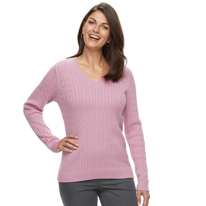 Women's Croft & Barrow® Essential Cable Knit V-neck Sweater, Size: Large, Med Pink
