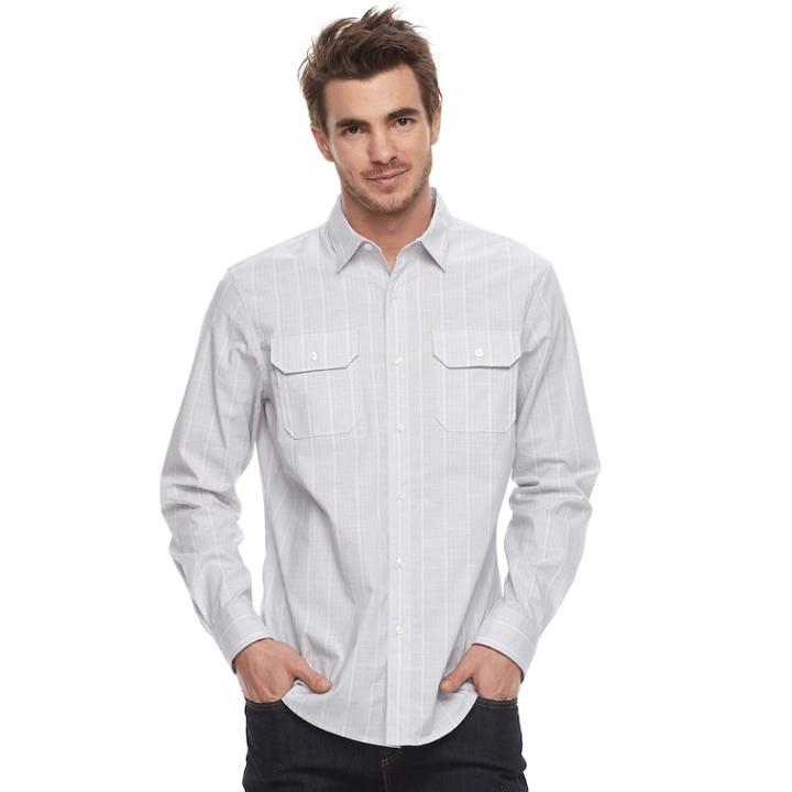 Men's Apt. 9&reg; Premier Flex Stripe Woven Button-down Shirt, Size: Large Slim, Med Grey