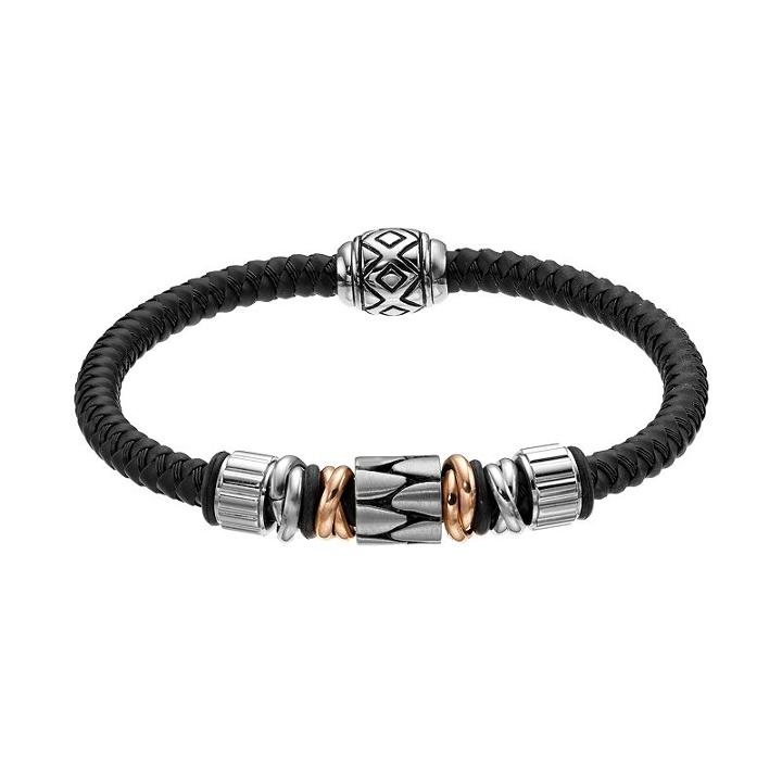 Two Tone Stainless Steel And Leather Bead Bracelet, Men's, Size: 8.5, Black