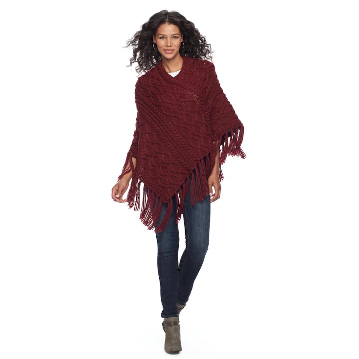 Chaps Fringed Cable-knit Poncho, Women's, Dark Red