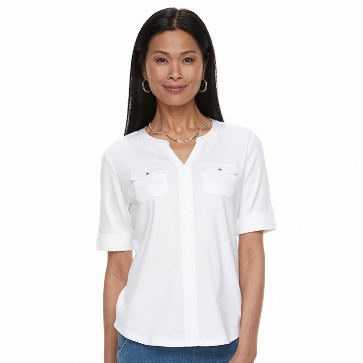 Petite Croft & Barrow&reg; Splitneck Button-tab Tee, Women's, Size: S Petite, White