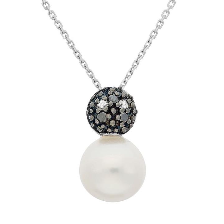 Freshwater Cultured Pearl, And Black And White Diamond Accent Sterling Silver Ball Pendant Necklace, Women's, Size: 18