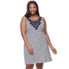 Kate And Sam, Plus Size Stripe Dress With Crochet Inset, Women's, Size: 3xl, Blue (navy)
