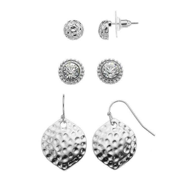 Apt. 9&reg; Nickel Free Hammered & Simulated Crystal Earring Set, Women's, Silver