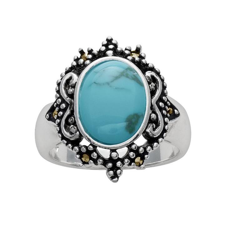 Silver Plated Simulated Turquoise And Marcasite Oval Ring, Women's, Size: 9, Blue