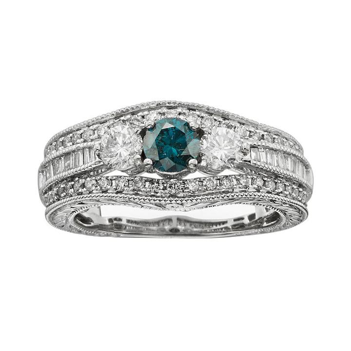Round-cut Igl Certified Blue & White Diamond 3-stone Engagement Ring In 14k White Gold (1-ct. T.w.), Women's, Size: 9.50