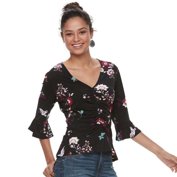 Juniors' Candie's&reg; Printed Ruched Top, Teens, Size: Small, Black