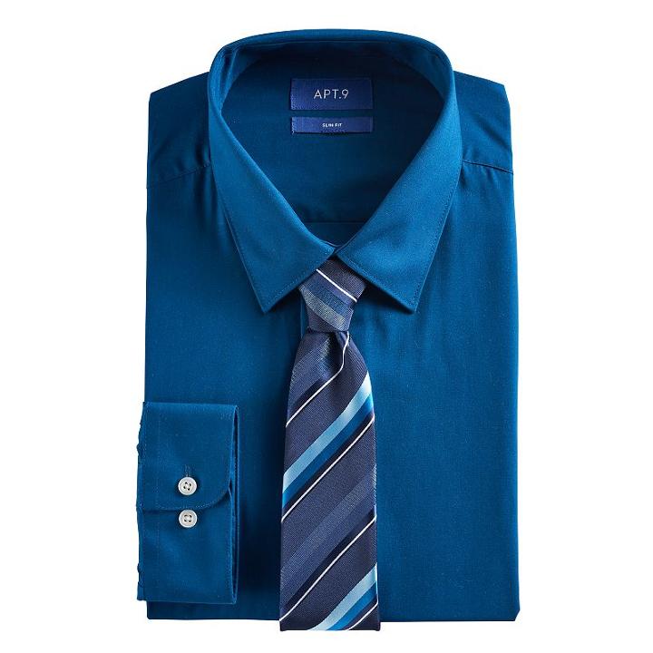 Men's Apt. 9&reg; Slim-fit Stretch Spread-collar Dress Shirt & Tie Set, Size: Xl-34/35, Blue