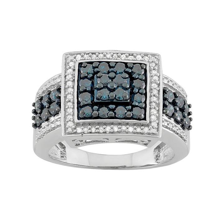 1 Carat T.w. Blue & White Diamond Sterling Silver Square Frame Ring, Women's, Size: 6