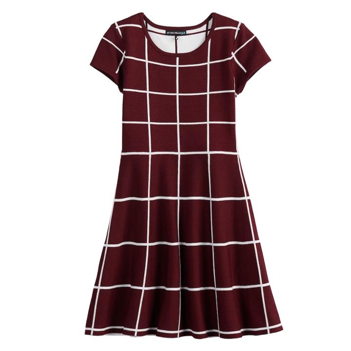 Girls 7-14 My Michelle Grid Pattern Sweater Dress, Size: Medium, Dark Red