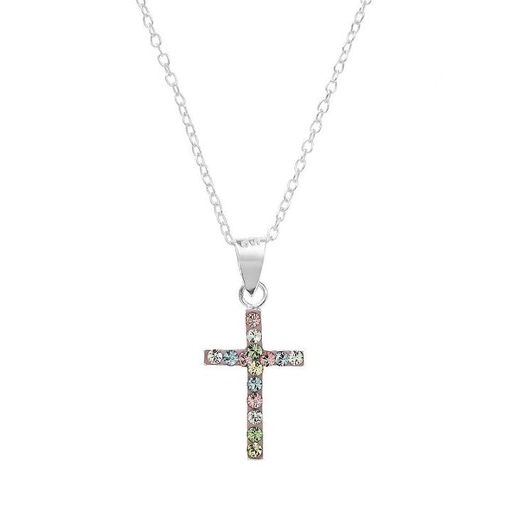 Sterling Silver Crystal Cross Pendant - Kids, Girl's, Multicolor