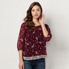 Women's Lc Lauren Conrad Printed Chiffon Peasant Top, Size: Xs, Dark Red