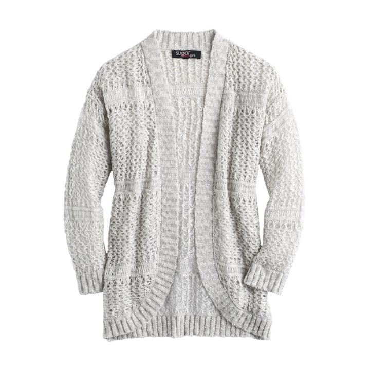 Girls 7-16 Sugar Rush Open-front Crochet Back Cardigan, Size: Large, Grey
