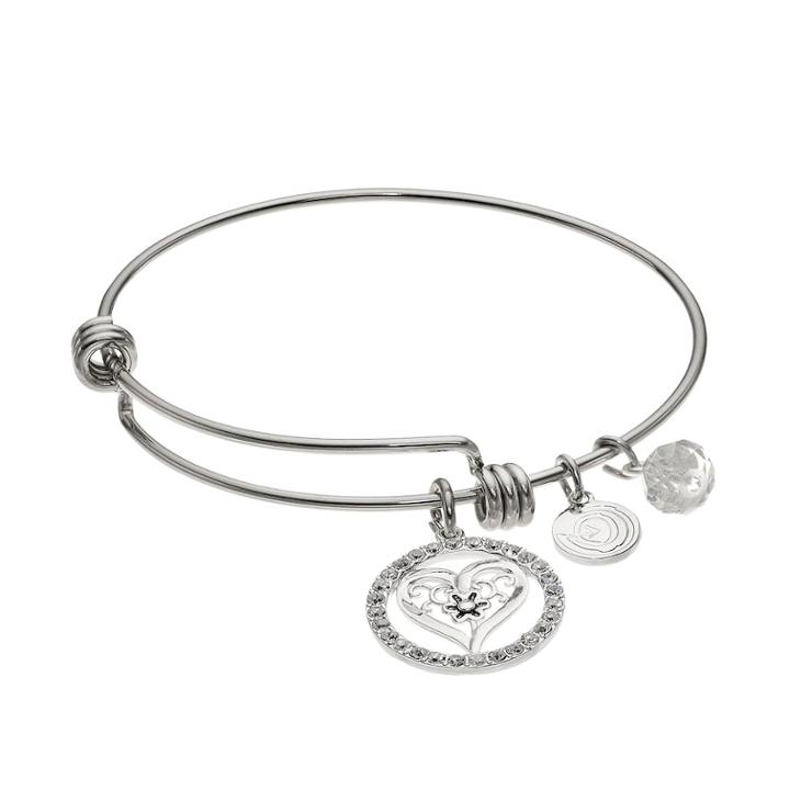 Love This Life Silver Plated Crystal Heart Charm Bangle Bracelet, Women's