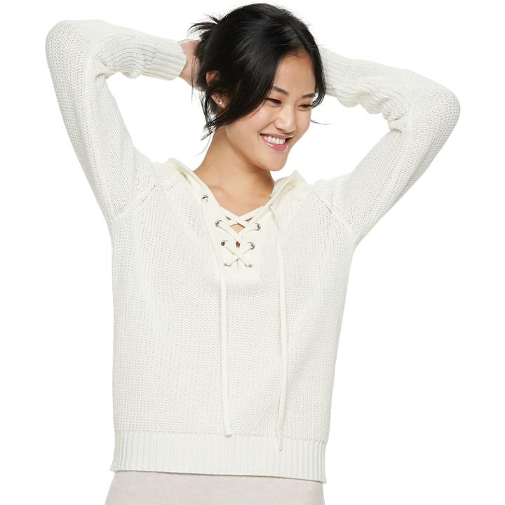 Juniors' Almost Famous Lace-up Sweater Hoodie, Teens, Size: Medium, Natural