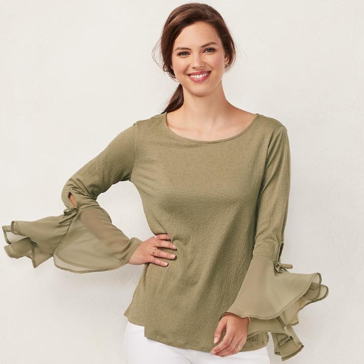 Women's Lc Lauren Conrad Flare Sleeve Chiffon Top, Size: Medium, Med Green