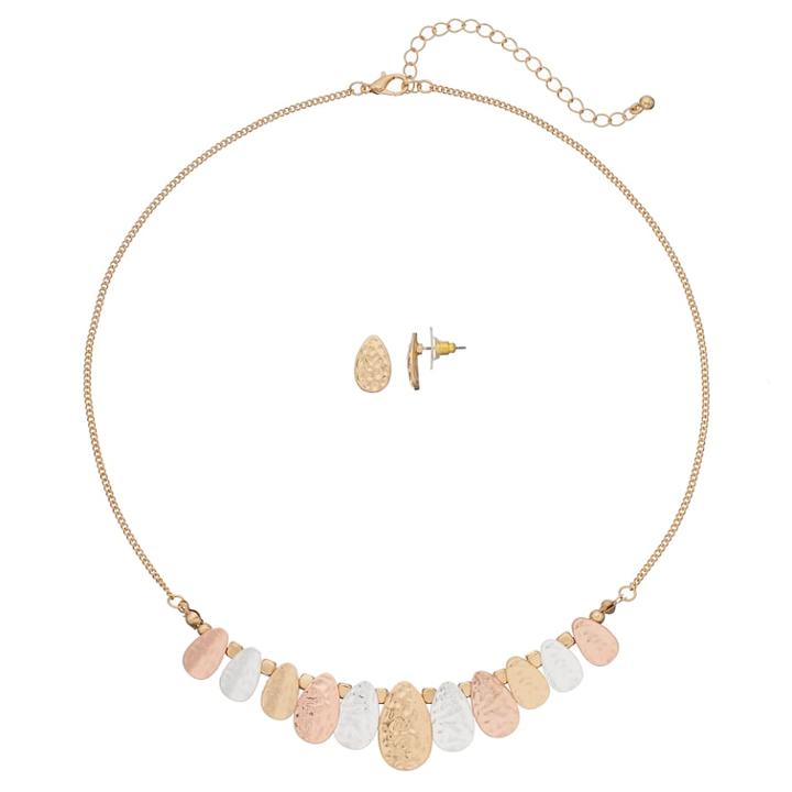 Tri Tone Graduated Necklace & Teardrop Earring Set, Women's, Multicolor