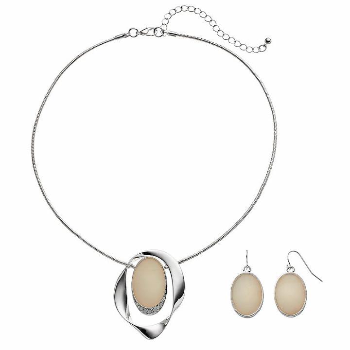 White Twisted Oval Pendant Necklace & Drop Earring Set, Women's, White Oth