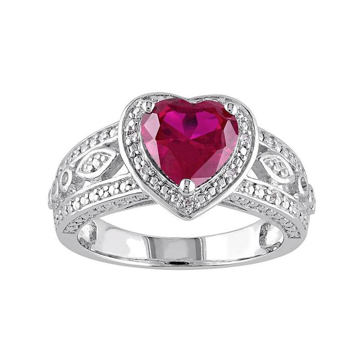 Lab-created Ruby & 1/10 Carat T.w. Diamond Sterling Silver Heart Halo Ring, Women's, Size: 7, Red