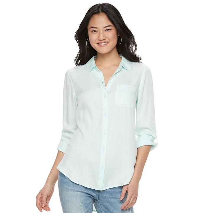 Juniors' So&reg; Plaid Pleated Shirt, Girl's, Size: Xl, Turquoise/blue (turq/aqua)