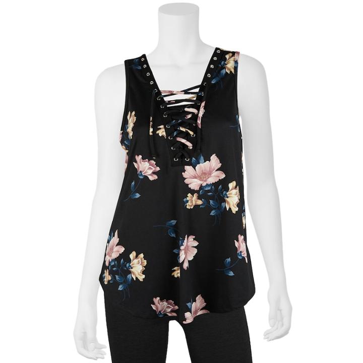 Junior's Iz Byer Lace-up Tank, Size: Small, Black Floral