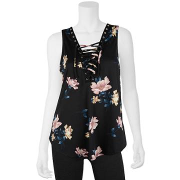 Junior's Iz Byer Lace-up Tank, Size: Small, Black Floral