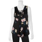 Junior's Iz Byer Lace-up Tank, Size: Small, Black Floral