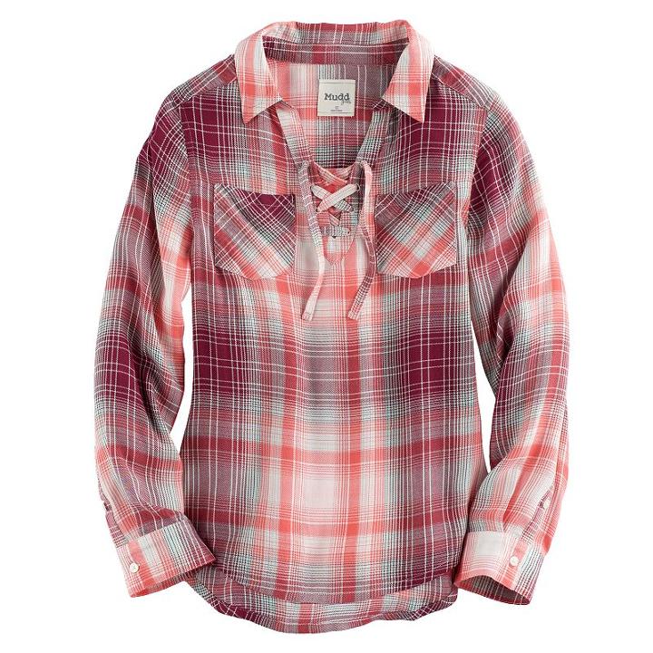 Girls 7-16 & Plus Size Mudd&reg; Lace-up Plaid Popover Top, Size: 20 1/2, Brt Orange