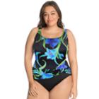 Plus Size Great Lengths Tummy Slimmer Floral Sash Detail One-piece Swimsuit, Women's, Size: 18, Blue