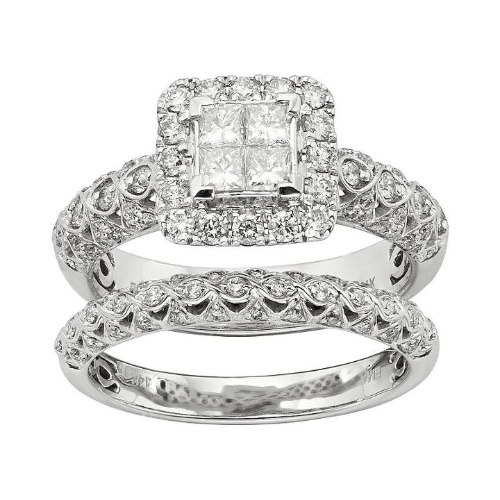 Igl Certified Diamond Square Halo Engagement Ring Set In 14k White Gold (1 Carat T.w.), Women's, Size: 6