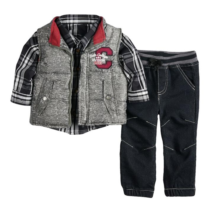 Baby Boy Nannette Vest, Plaid Shirt & Pants Set, Size: 12 Months, Grey