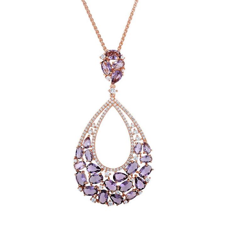 Cubic Zirconia Rose Gold Tone Sterling Silver Teardrop Pendant Necklace, Women's, Purple