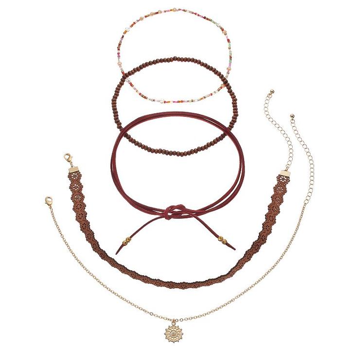 Mudd&reg; Medallion, Cutout, Faux Suede & Beaded Choker Necklace Set, Teens, Brown