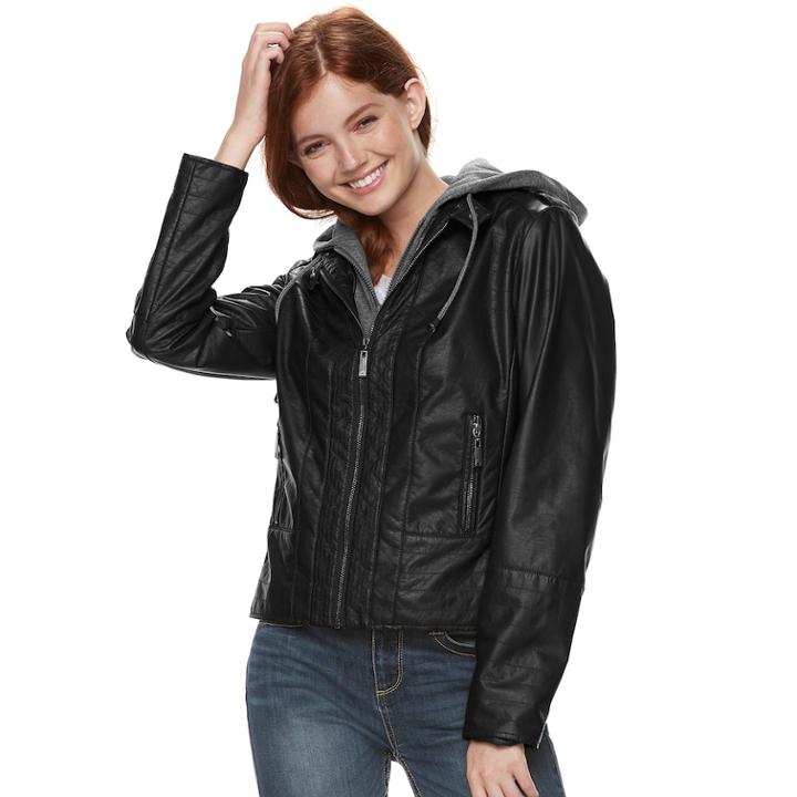 Juniors' J-2 Hooded Faux-leather Moto Jacket, Teens, Size: Medium, Black