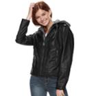 Juniors' J-2 Hooded Faux-leather Moto Jacket, Teens, Size: Medium, Black