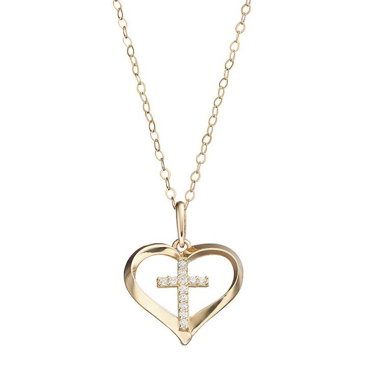 10k Gold Cubic Zirconia Cross & Heart Pendant Necklace, Women's, White