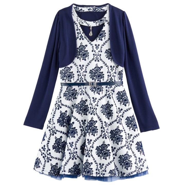 Plus Size Girls 7-16 Knitworks Floral Flocked Skater Dress & Shrug Set, Size: 20 1/2, Blue (navy)