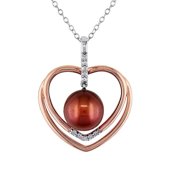 Diamond Accent & Freshwater Cultured Pearl Sterling Silver Two Tone Heart Pendant Necklace, Women's, Size: 18, Brown