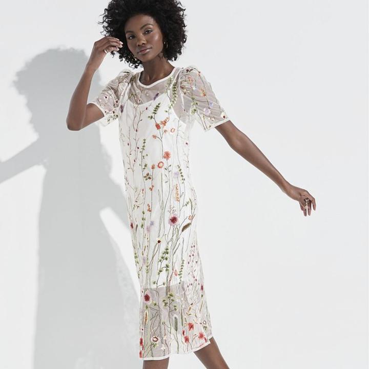 K/lab Embroidered Garden Floral Midi Dress, Girl's, Size: Small, White