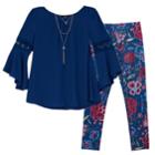 Girls 7-16 Iz Amy Byer Bell Sleeve Tunic & Patterned Leggings Set With Necklace, Size: Xl, Blue (navy)