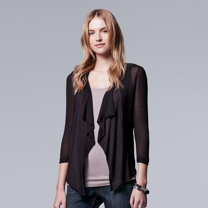 Women's Simply Vera Vera Wang Pointelle Flyaway Cardigan, Size: Small, Black