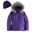 Girls 7-16 Hawke & Co Heavyweight Faux-fur Trim Quilted Puffer Jacket With Hat, Size: 10-12, Drk Purple