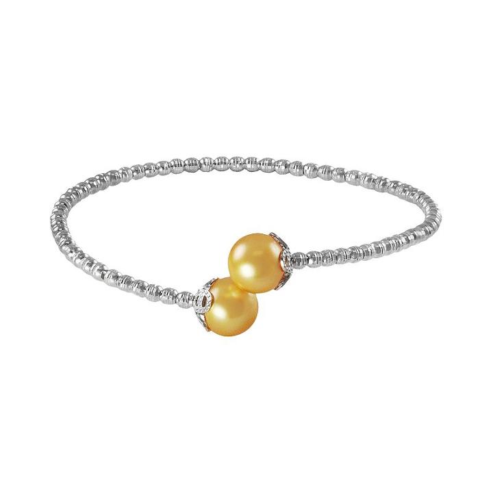 Sterling Silver And Stainless Steel Golden South Sea Cultured Pearl Bead Cuff Bracelet, Women's, Size: 7.50, Yellow