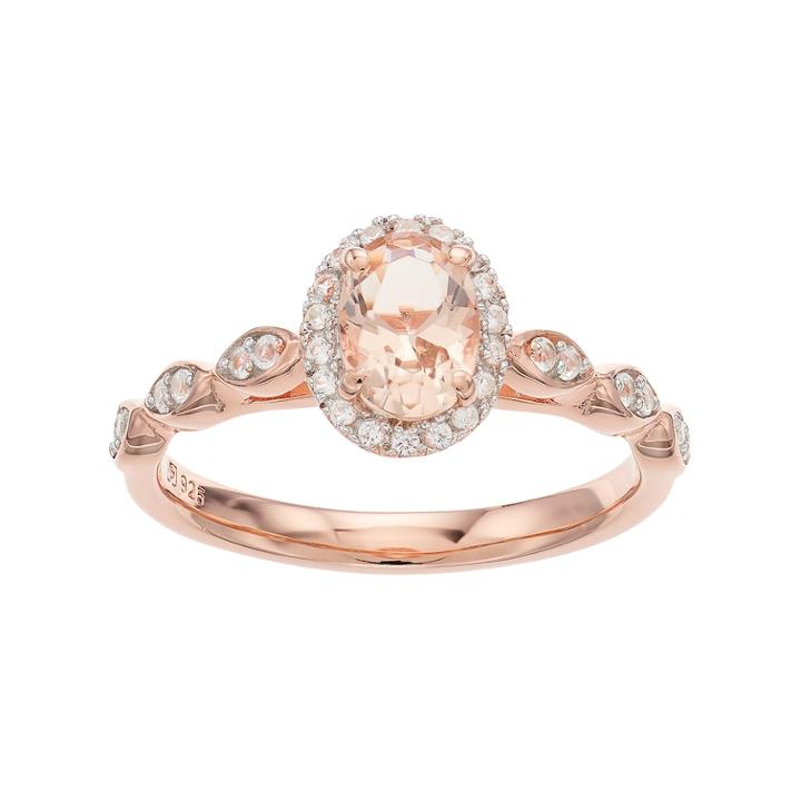 14k Rose Gold Over Silver Simulated Morganite & Lab-created White Sapphire Oval Halo Ring, Women's, Size: 6, Pink