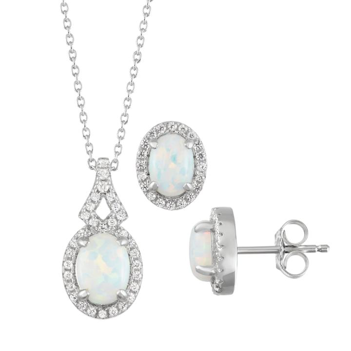 Sterling Silver Lab-created Opal & Lab-created White Sapphire Pendant & Earring Set, Women's